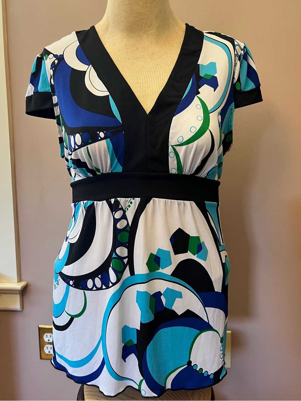 Y2K Amy Byer Blue and Green Geometric Empire Waist Tie Back Bow Blouse Size XL